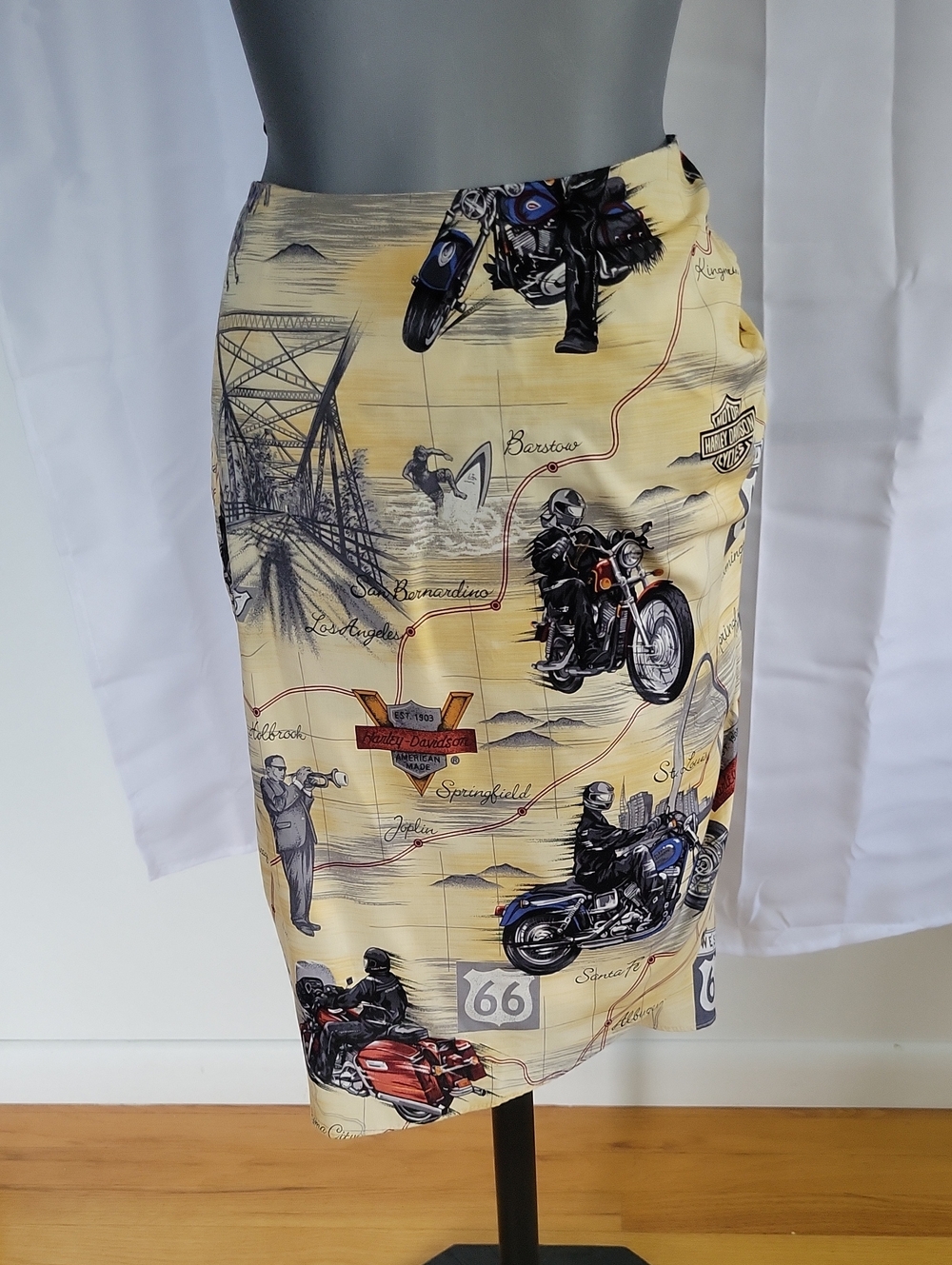 Harley-Davidson x Tori Richards Route 66 Skirt XL Tan/Yellow 90s Vintage.